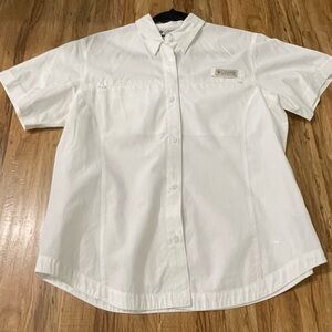 Columbia Womens White Short Sleeve Shirt Sz Medium Button Down 100% Shell Cotton